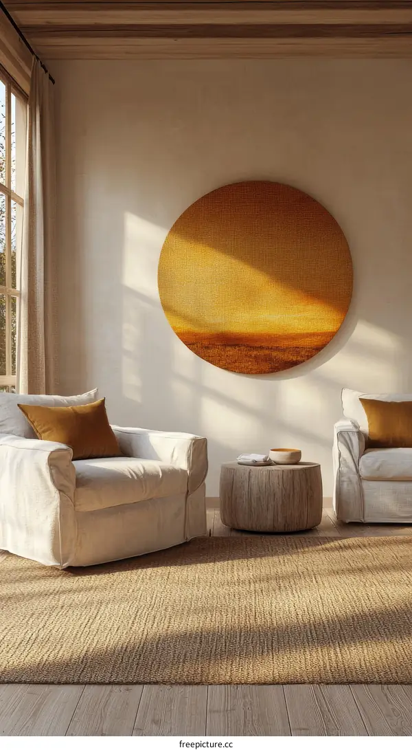 Warm Interior with Circular Artwork
