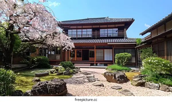 Traditional Japanese Garden with Cherry Blossom Trees