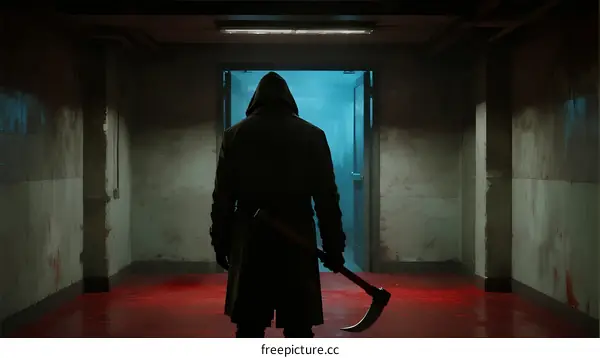 A mysterious figure in a hooded coat holding a scythe in a dimly lit corridor
