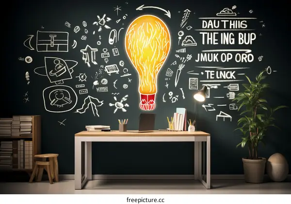 A desk with a laptop, books, and a lamp. There is a blackboard behind the desk with a drawing of a light bulb and some words.