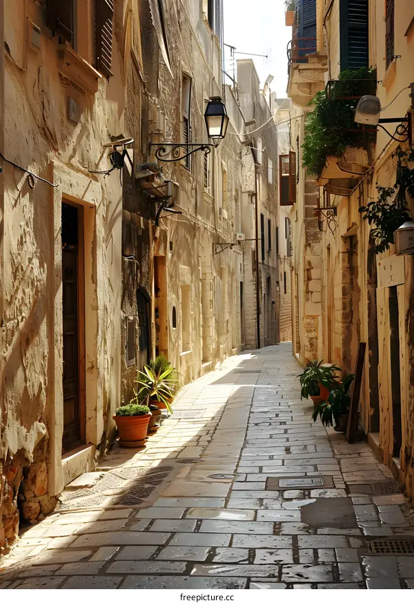 Narrow cobblestone street with potted plants and stone buildings