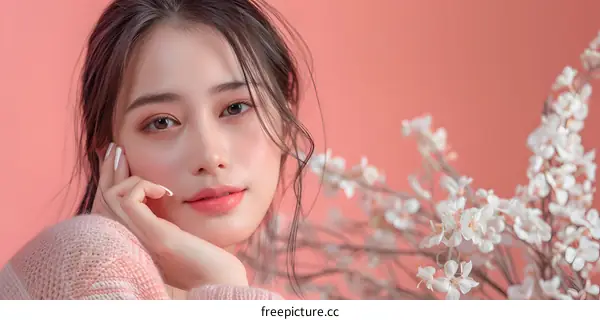 Portrait of Young Asian Woman with White Flowers