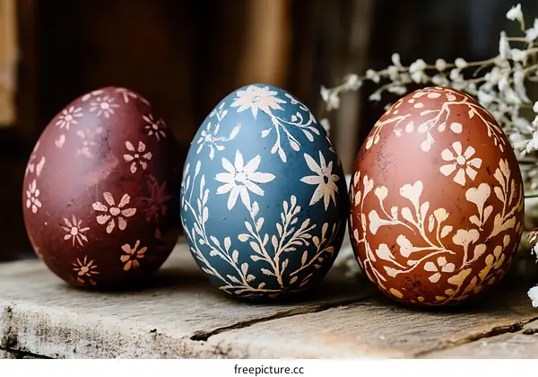 Three Decorated Easter Eggs on Wooden Surface