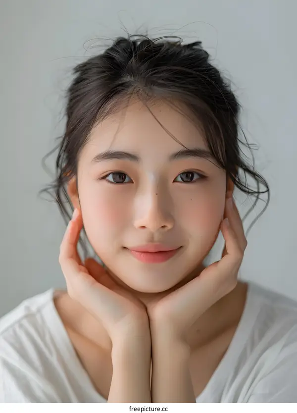 Young Asian Woman with Messy Hair Smiling