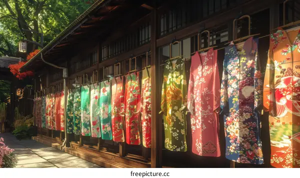 A row of colorful kimono hung on a rack outside a traditional Japanese house