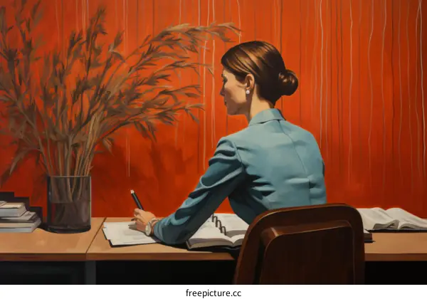 Business Woman in Blue Suit Writing on Notebook at Desk in Office