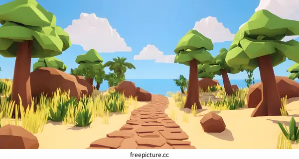 Low Poly Beach Path With Palm Trees and Sky