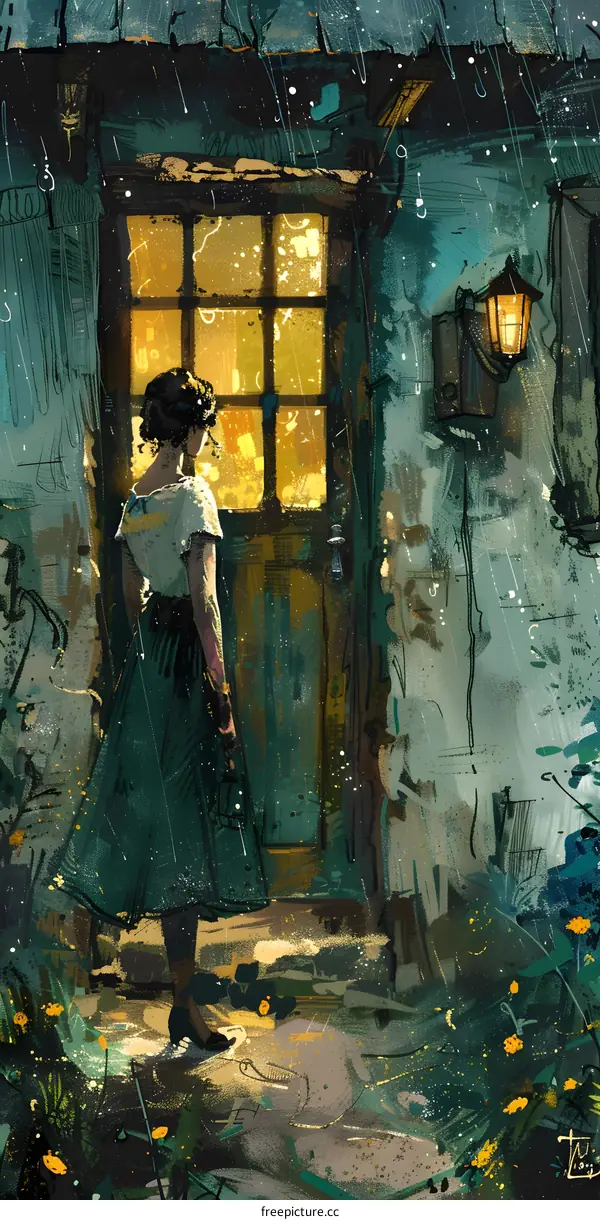 A girl standing in front of a door