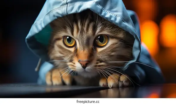Cat wearing a blue raincoat