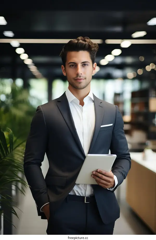 Young professional man in a suit holding a tablet