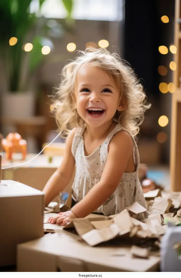 Little girl playing with cardboard boxes