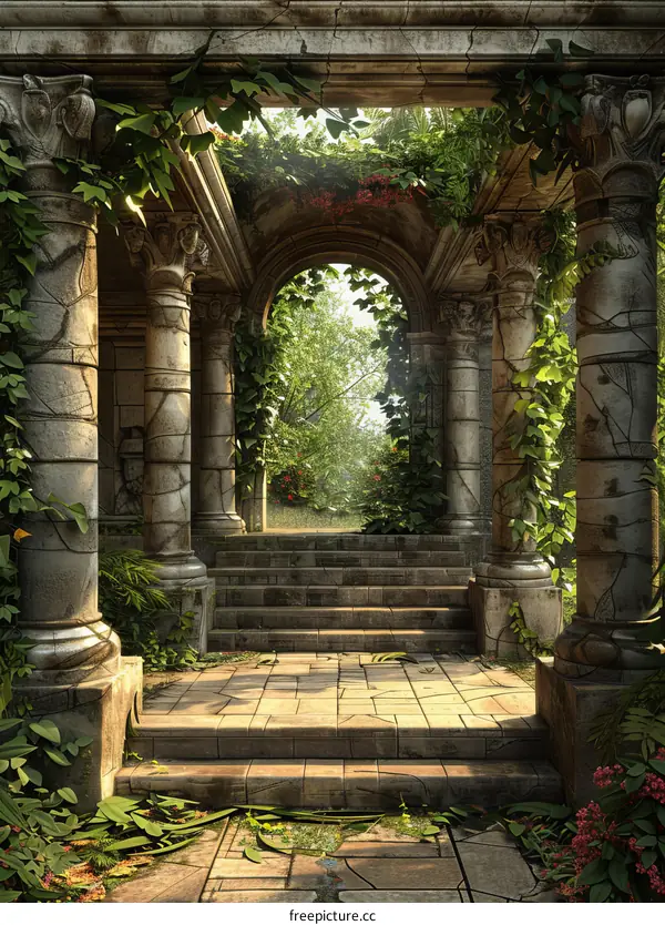 Ruined Garden Colonnade Pathway Illustration