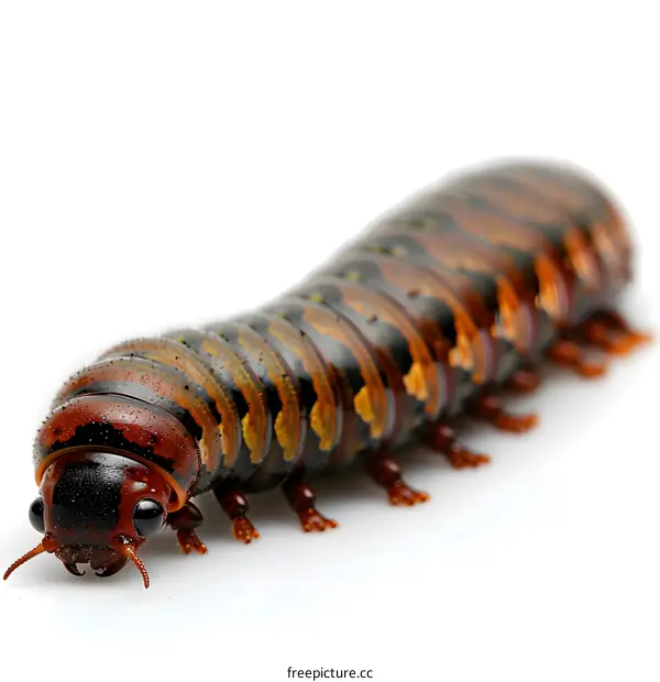 A large brown and black millipede on a white background