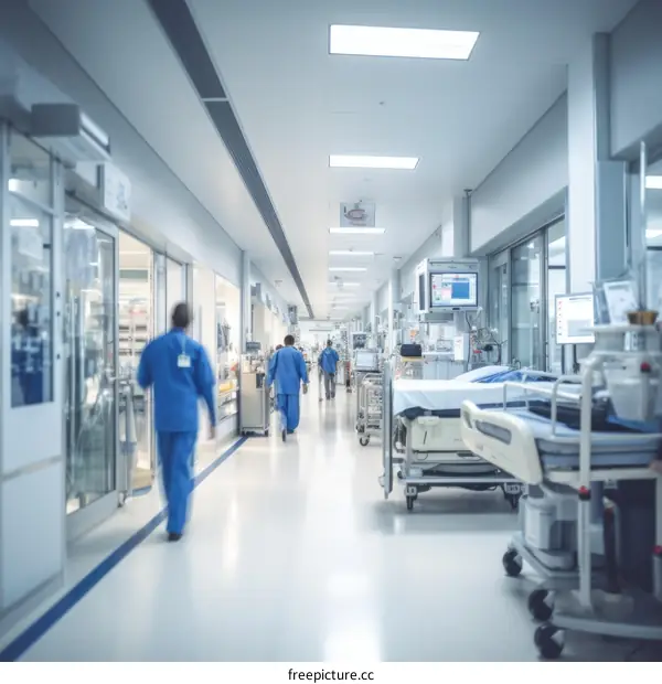A hospital hallway with blurred figures of medical staff in blue uniforms walking