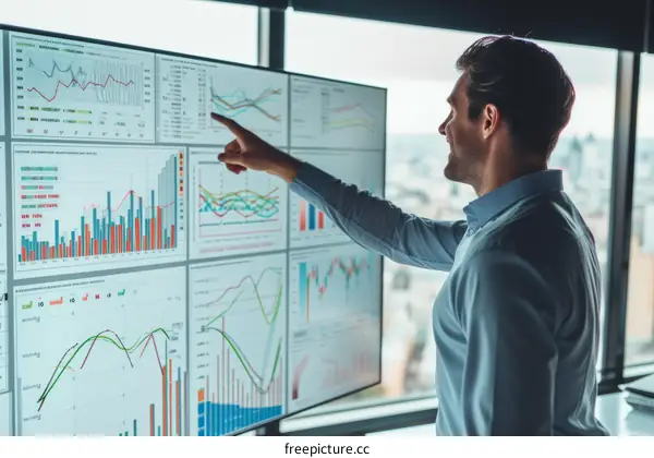 Businessman analyzing financial data on digital screen