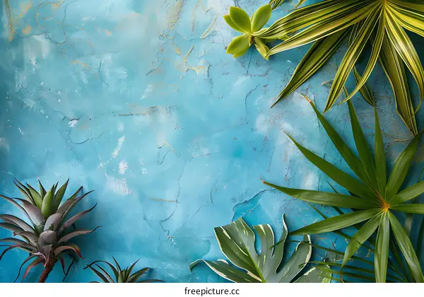 Tropical Green Leaves on Blue Background