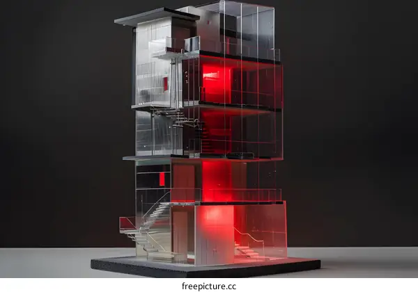 Modern Glass Building Architecture Model with Red Lights