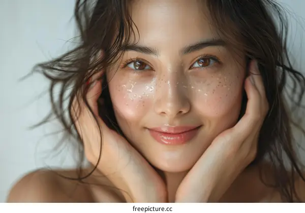 Portrait of a beautiful young Asian woman with freckles on her face