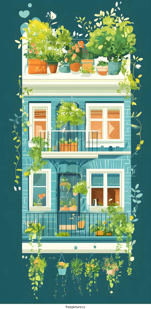 Illustration of a Blue House with a Balcony Full of Plants