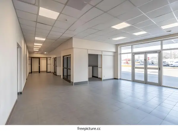 Empty Office Hallway with Tile Floor and Doors
