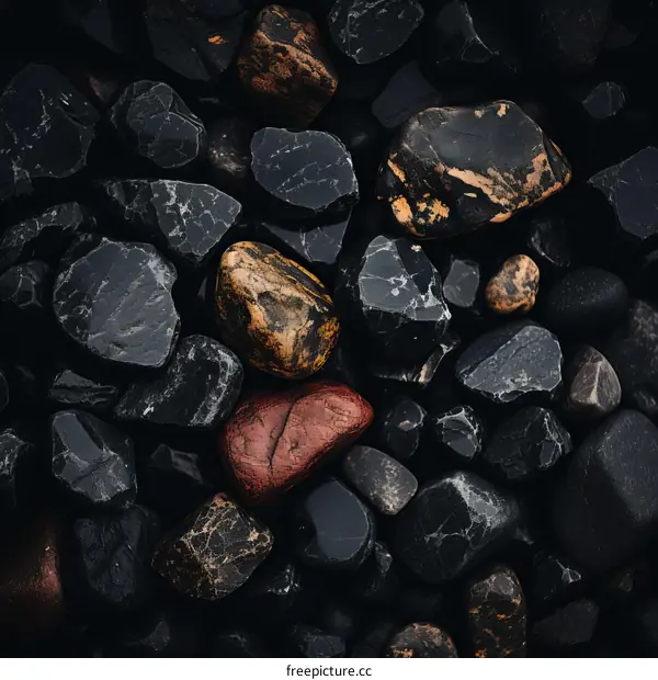 Collection of black and brown rocks with red rock in center