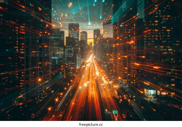 Futuristic city with skyscrapers and light trails at night