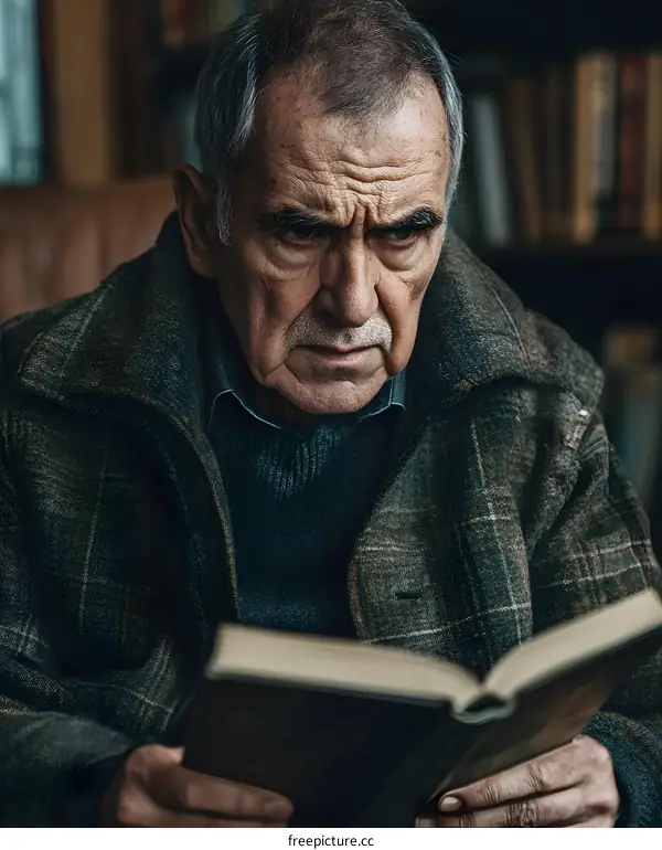 Elderly Man Reading a Book in a Library