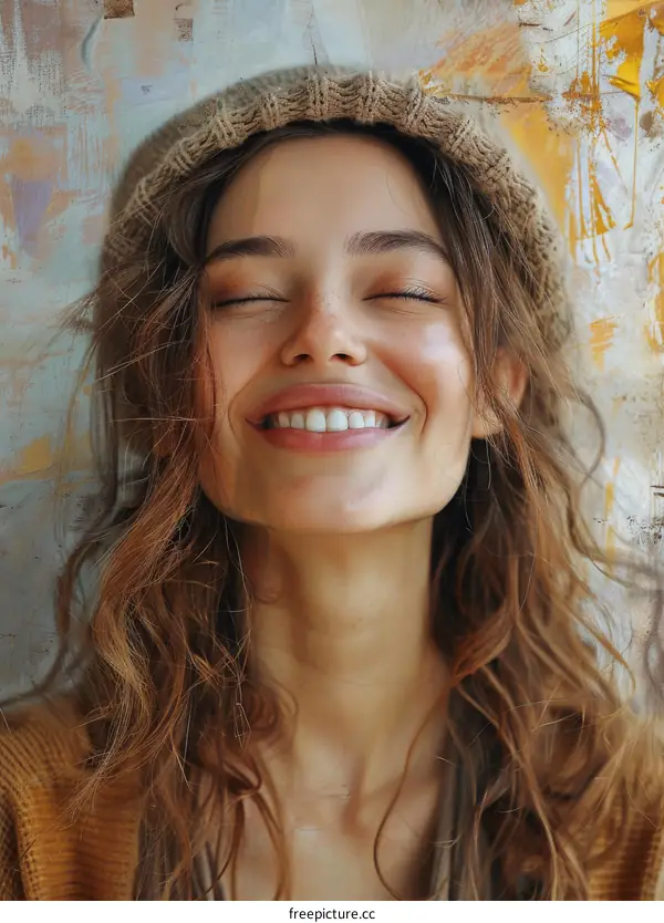 Portrait of a Beautiful Woman Smiling with Eyes Closed