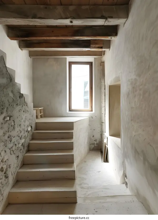 Rustic Interior with Wooden Beams and Staircase