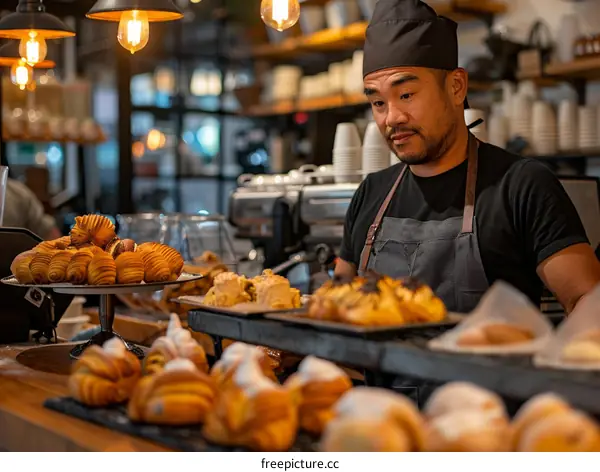 Asian male baker carefully inspecting a tray of pastries