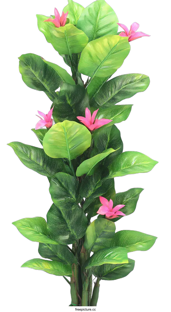 [Transparent Background PNG]Green Plant with Pink Flowers on White Background