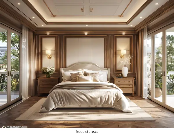 Luxurious bedroom with a large bed, two balconies and a beautiful view