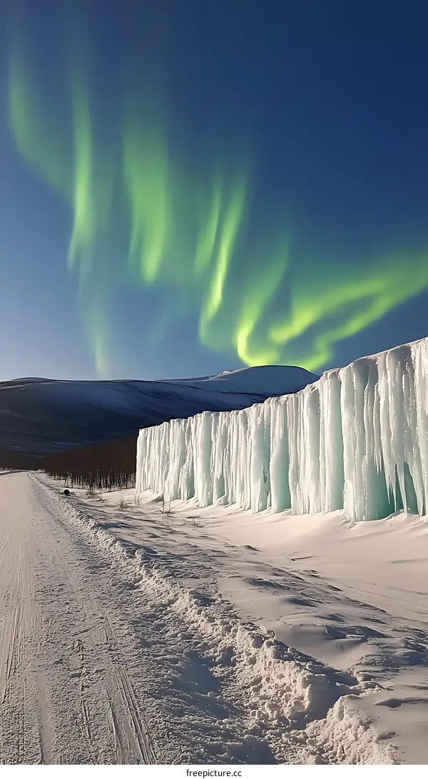 Aurora Borealis over Icy Wall in Snowy Landscape