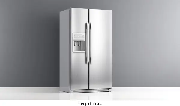 Modern Stainless Steel Refrigerator Against Grey Wall
