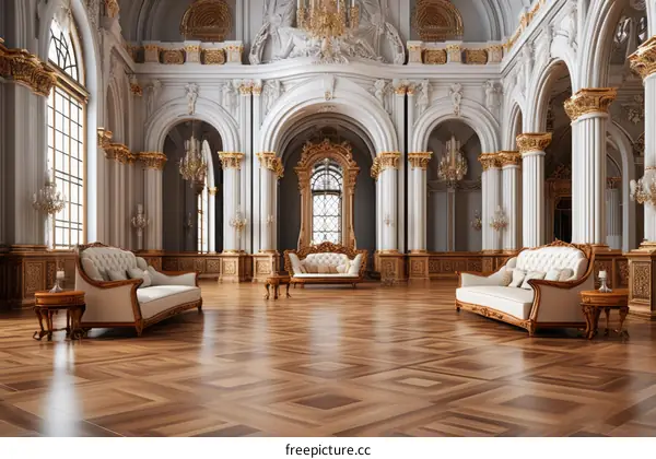 ornate ballroom interior with parquet floor and sofas