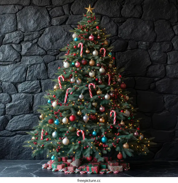 A beautifully decorated Christmas tree stands in front of a stone wall.