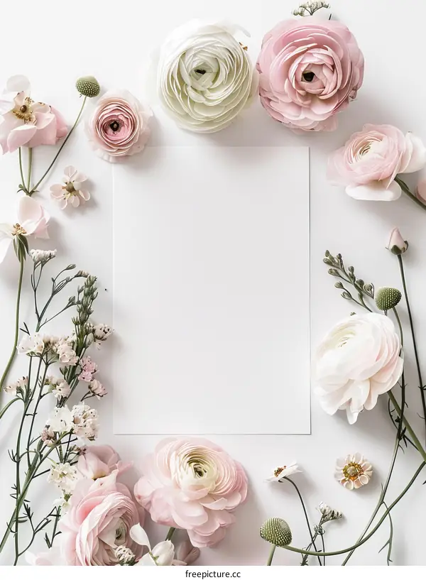 Pink and white flowers frame on white background