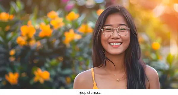 Smiling Woman In Yellow Tank Top And Glasses Standing In A Garden