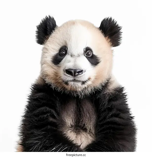A giant panda bear staring at the camera with a curious expression on its face