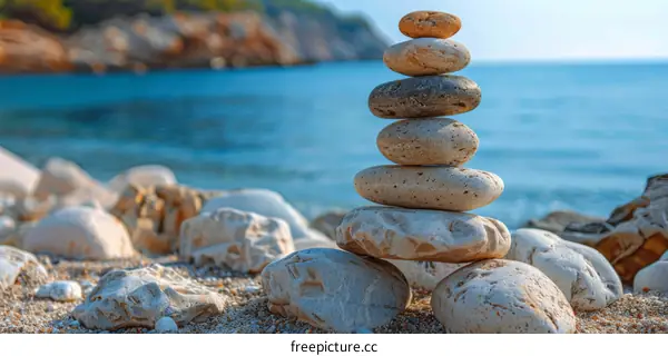 Stack of stones on a beach with the sea in the background