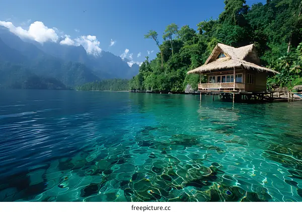 Amazing view of a house on the lake with beautiful green water and mountains in the background