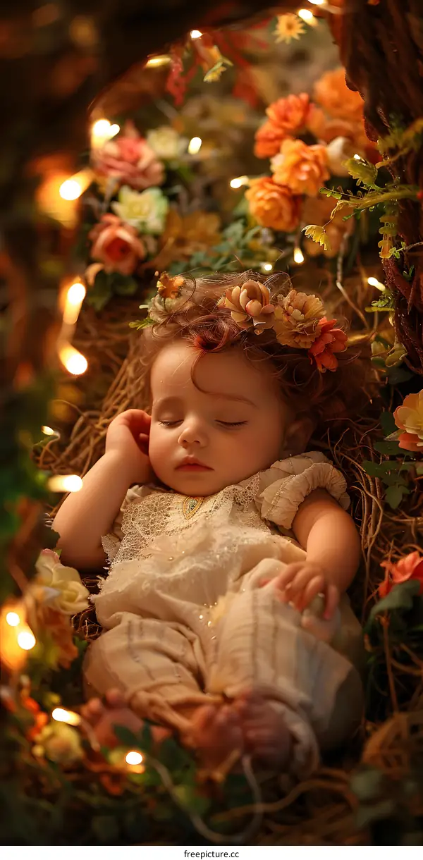 Sleeping Baby Girl in a Flowery Nest