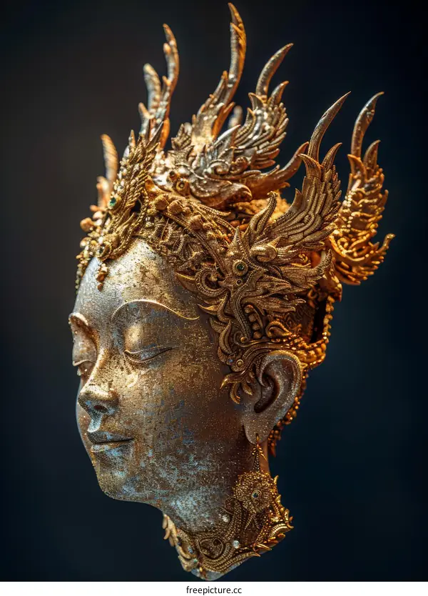 Golden sculpture of a woman's head with an elaborate headdress
