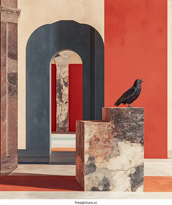 Black Crow Perched on Marble Plinth in Abstract Architectural Setting
