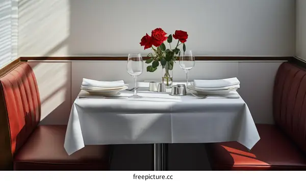 Fine dining table setting with red roses