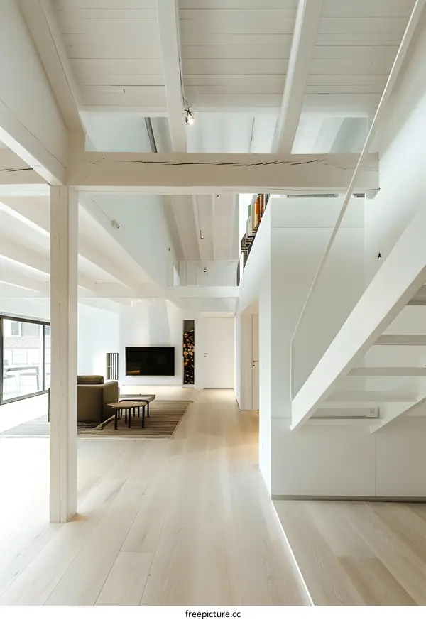 Modern White Interior Design with Exposed Beams and Wooden Floors