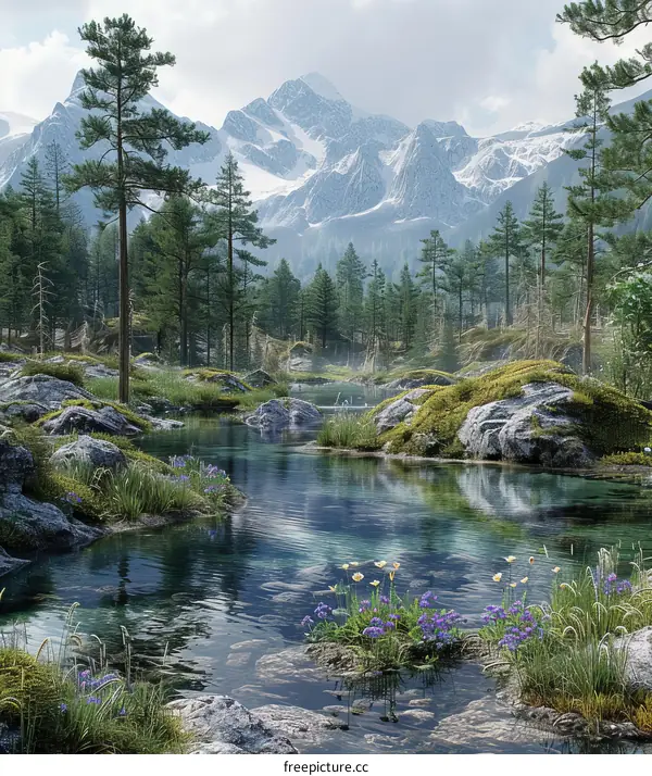 Nature's Tranquility: Mountains, River, and Flowers