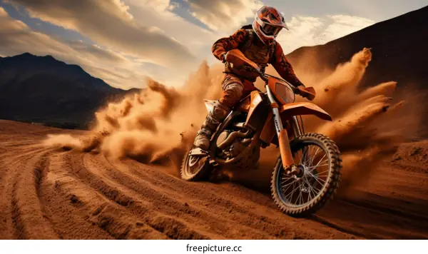 Dirt bike rider speeds through the desert