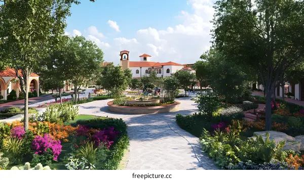 Italian Style Town Square Garden Design with Fountain