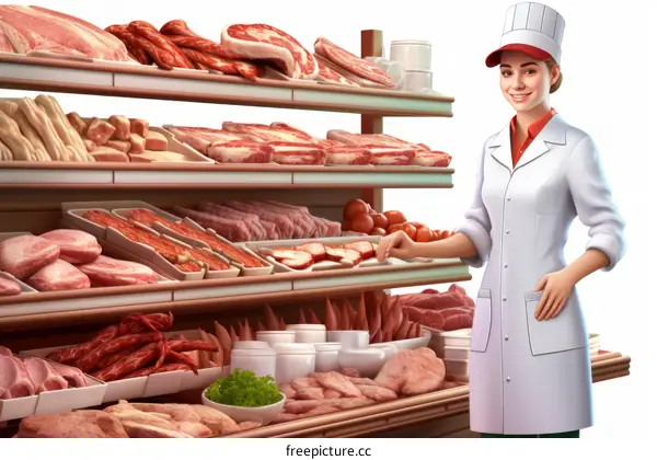 Cheerful female butcher standing by the meat counter